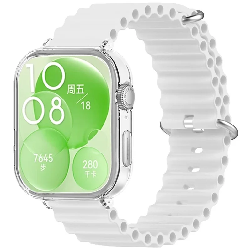 For Huawei Watch Fit 3 Silicone Strap Sports Watch Band with Transparent PC Case - White