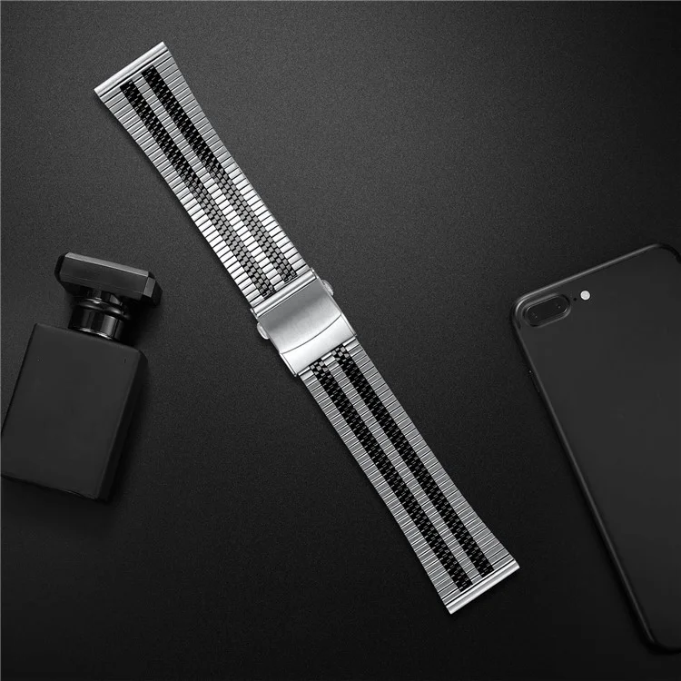 For Huami Amazfit Pace Stainless Steel Watch Band Strap Five-Bead Folding Clasp Buckle - Silver Black