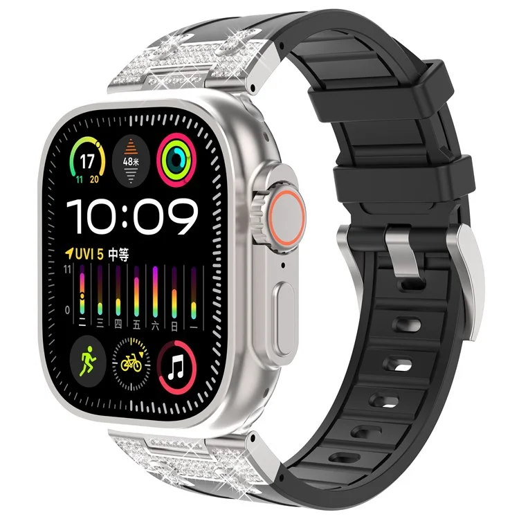 Für Apple Watch Series 10 42mm / 9 8 7 41mm / SE (2023) SE (2022) SE 6 5 4 40mm / 3 2 1 38mm Rhinestone-Silikonkautschukarmband - Schwarz
