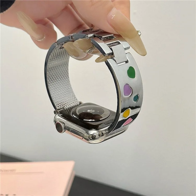 For Apple Watch 10 46mm / Ultra 2 / Ultra 49mm / 9 8 7 45mm / SE (2023) SE (2022) SE 6 5 4 44mm / 3 2 1 42mm Epoxy Heart Pattern Metal Strap - Starlight