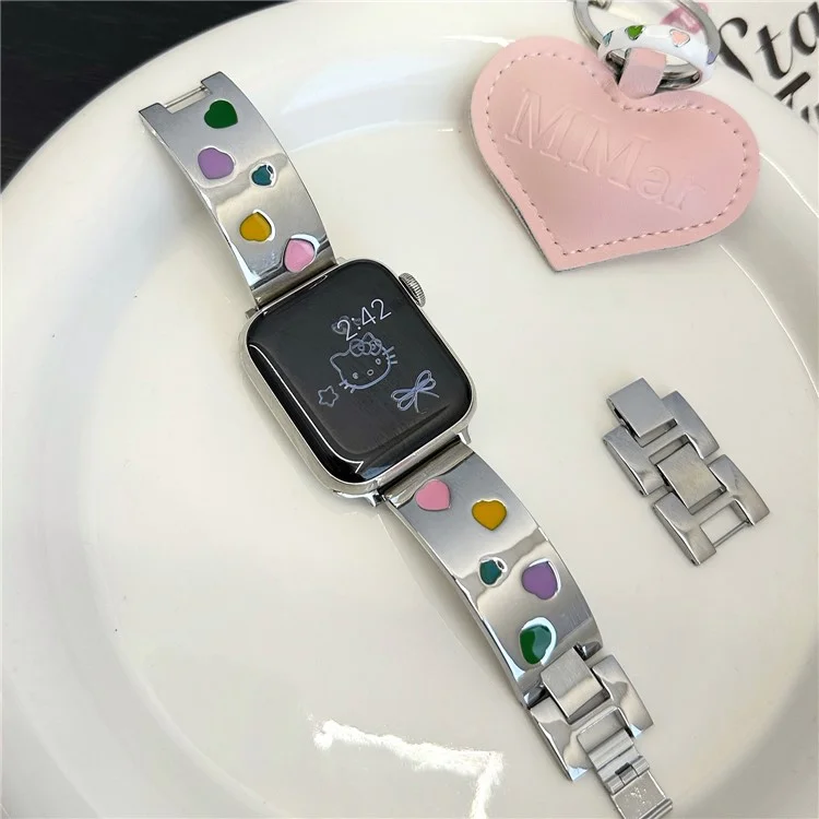 For Apple Watch 10 46mm / Ultra 2 / Ultra 49mm / 9 8 7 45mm / SE (2023) SE (2022) SE 6 5 4 44mm / 3 2 1 42mm Epoxy Heart Pattern Metal Strap - Starlight