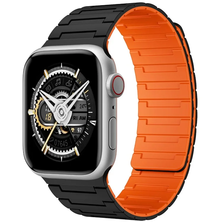 For Apple Watch 10 46mm / Ultra 2 / Ultra 49mm / 9 8 7 45mm / SE (2023) SE (2022) SE 6 5 4 44mm / 3 2 1 42mm Magnetic Silicone Watch Strap - Black+Orange