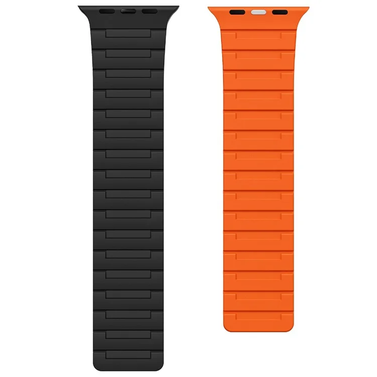 For Apple Watch 10 46mm / Ultra 2 / Ultra 49mm / 9 8 7 45mm / SE (2023) SE (2022) SE 6 5 4 44mm / 3 2 1 42mm Magnetic Silicone Watch Strap - Black+Orange