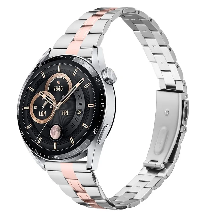 For Huawei Watch GT 2 46mm Stainless Steel Watch Strap Band with Folding Clasp Buckle - Silver+Pink Gold