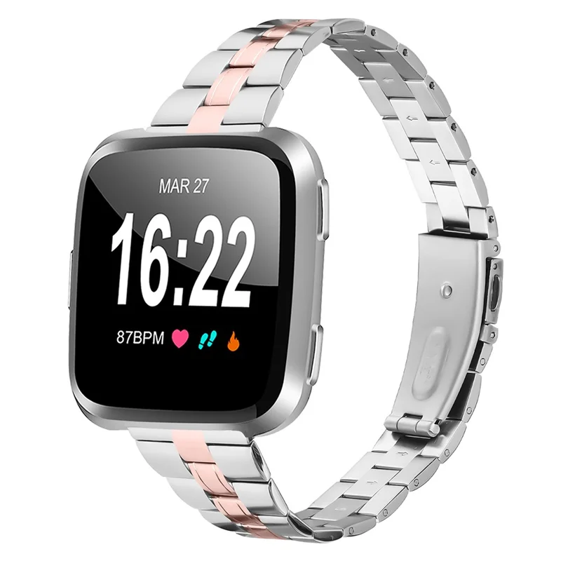 For Fitbit Versa Lite / Versa 2 / Versa Watch Strap Stainless Steel Three-Beads Wrist Band - Silver+Pink Gold