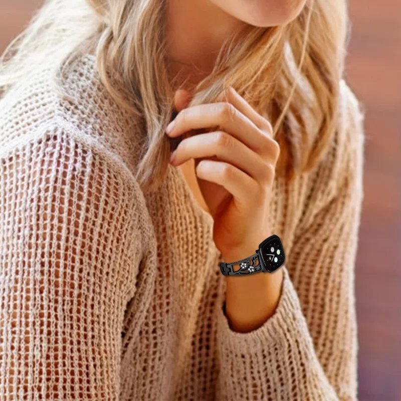 Blumendesign Strass Dekor Edelstahl Watch Strap Ersatz Für Fitbit Vera 3 / Sinn - Schwarz