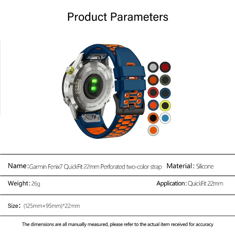 KALEBOL Para Garmin Fenix 7 / 7 Pro / 6 / 6 Pro Correa de Reloj Quickfit 22mm Banda de Silicona de Doble Color - Zafiro+Naranja