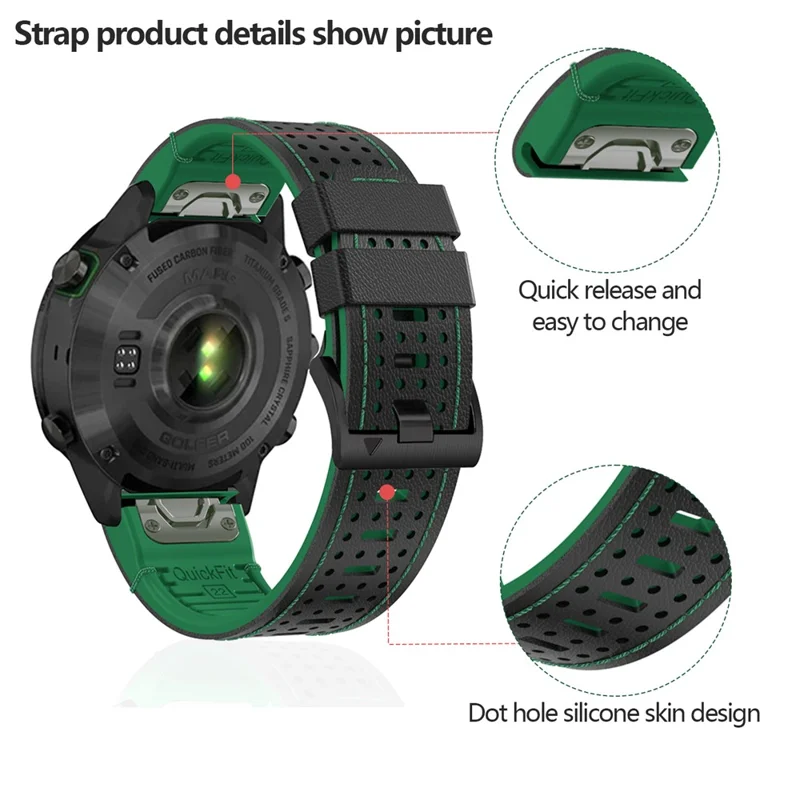 KALEBOL Pour Garmin Fenix 7 / 7 Pro / 6 / 6 Pro Quickfit 22mm Bracelet de Montre en Silicone Bicolore à Motif de Points - Noir+Vert
