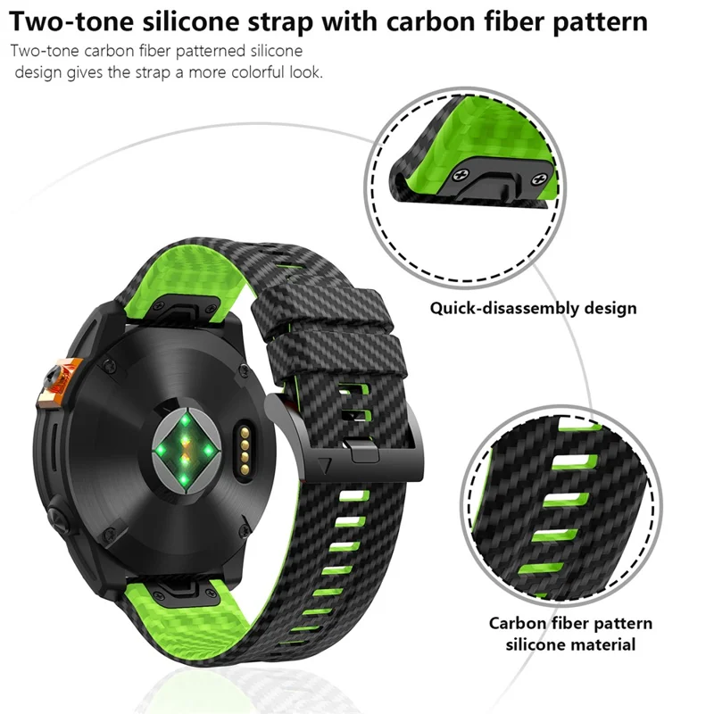 KALEBOL Para Garmin Fenix 7 / 7 Pro / 6 / 6 Pro Correa de Reloj de Silicona Quickfit 22mm Textura de Fibra de Carbono - Negro+Lima