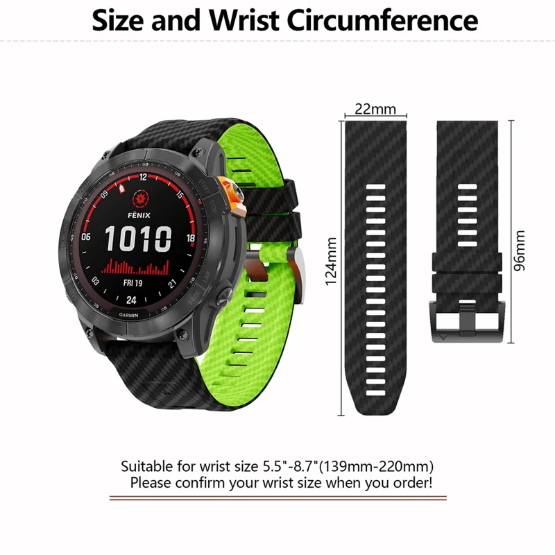 KALEBOL Para Garmin Fenix 7 / 7 Pro / 6 / 6 Pro Correa de Reloj de Silicona Quickfit 22mm Textura de Fibra de Carbono - Negro+Lima