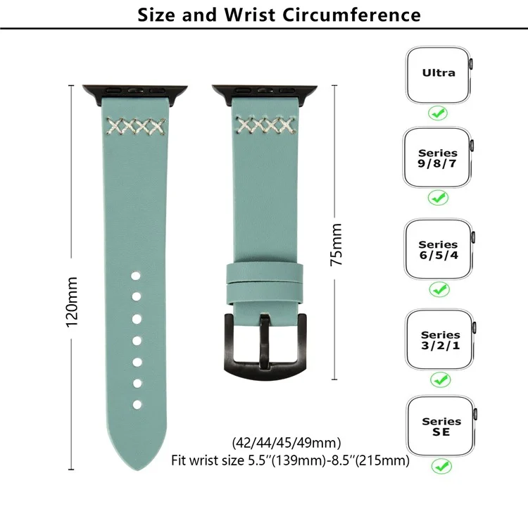KALEBOL per Apple Watch 10 46mm / Ultra 2 / Ultra 49mm / 9 8 7 45mm / SE (2023) SE (2022) SE 6 5 4 44mm / 3 2 1 42mm Cross-Stitch Leather Strap - Verde
