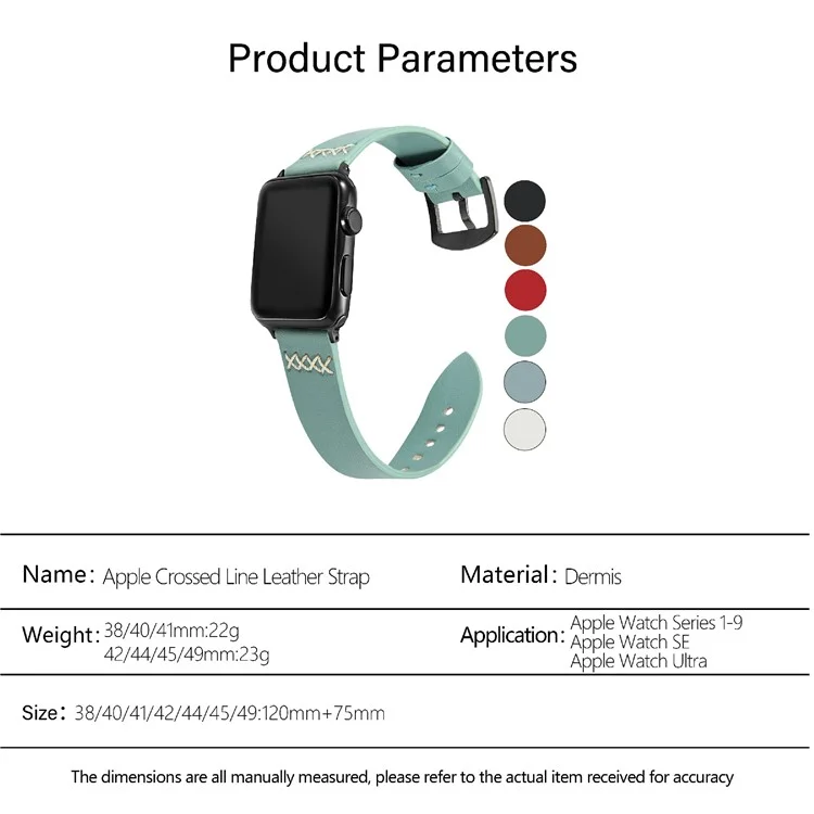 KALEBOL per Apple Watch 10 46mm / Ultra 2 / Ultra 49mm / 9 8 7 45mm / SE (2023) SE (2022) SE 6 5 4 44mm / 3 2 1 42mm Cross-Stitch Leather Strap - Verde