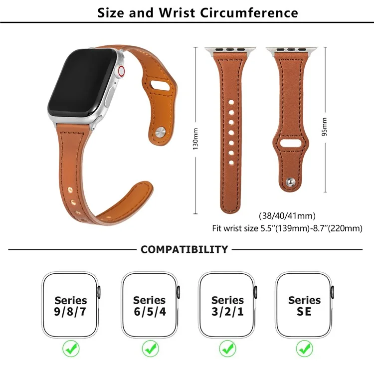 KALEBOL For Apple Watch Series 10 42mm / 9 8 7 41mm / SE (2023) SE (2022) SE 6 5 4 40mm / 3 2 1 38mm Watch Strap, Small Buckle - Brown