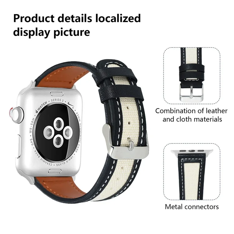 KALEBOL Para Apple Watch Series 10 42mm / 9 8 7 41mm / SE (2023) SE (2022) SE 6 5 4 40mm / 3 2 1 38mm Genuine Cow Leather Strap - Preto+Branco