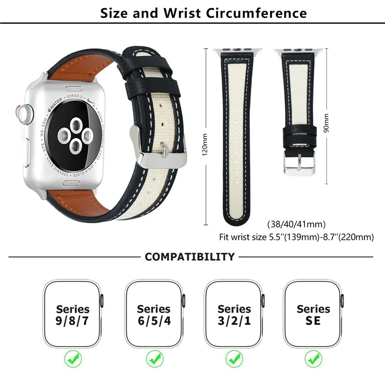 KALEBOL Para Apple Watch Series 10 42mm / 9 8 7 41mm / SE (2023) SE (2022) SE 6 5 4 40mm / 3 2 1 38mm Genuine Cow Leather Strap - Preto+Branco