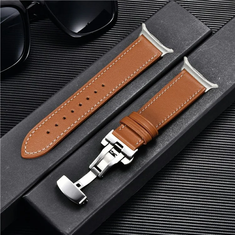 Per Samsung Galaxy Watch Ultra 47mm Cinturino dell'orologio Vera Pelle di Mucca Fascia da Polso con Fibbia a Farfalla - Marrone
