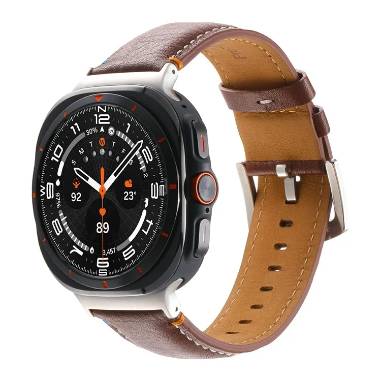 For Samsung Galaxy Watch Ultra 47mm Watch Strap Stitching Lines Genuine Cow Leather Wrist Band - Crazy Horse Texture+Brown