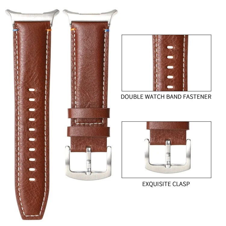 For Samsung Galaxy Watch Ultra 47mm Watch Strap Stitching Lines Genuine Cow Leather Wrist Band - Crazy Horse Texture+Brown