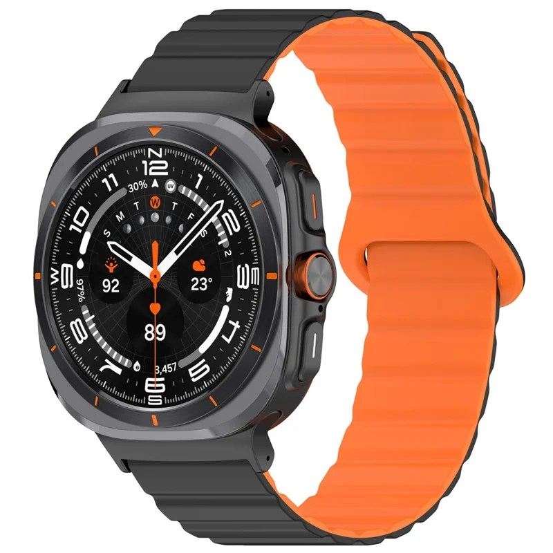 For Samsung Galaxy Watch Ultra 47mm Magnetic Silicone Wrist Strap Adjustable Loop Band - Black+Orange