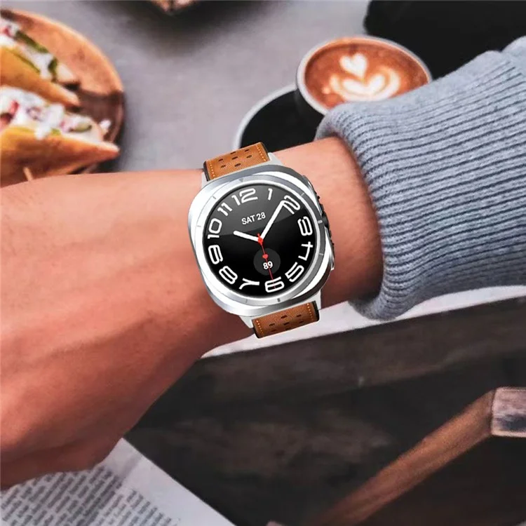 For Samsung Galaxy Watch Ultra 47mm Multiple Holes Watch Strap Vintage Genuine Cow Leather Wrist Band - Brown