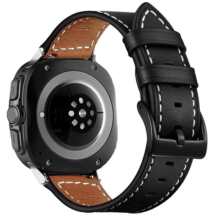 For Samsung Galaxy Watch Ultra 47mm Watch Strap Stitching Lines Genuine Cow Leather Wrist Band - Black