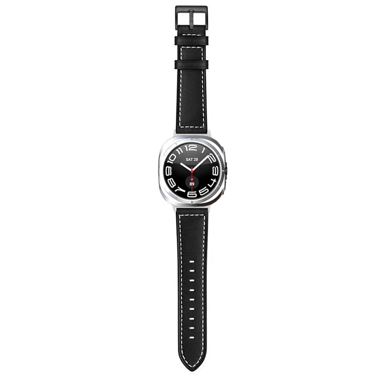 For Samsung Galaxy Watch Ultra 47mm Watch Strap Stitching Lines Genuine Cow Leather Wrist Band - Black