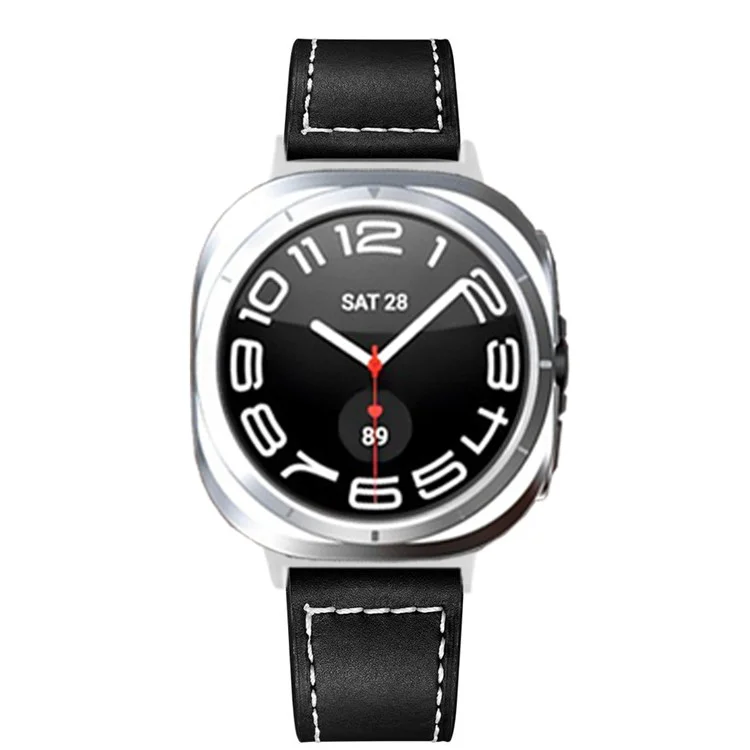 For Samsung Galaxy Watch Ultra 47mm Watch Strap Stitching Lines Genuine Cow Leather Wrist Band - Black