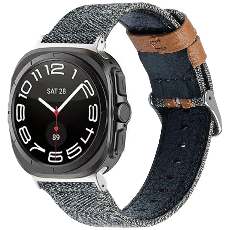 Per Samsung Galaxy Watch Ultra 47mm Watch Strap Canvas + PU Leather Wrist Band Replacement - Grey