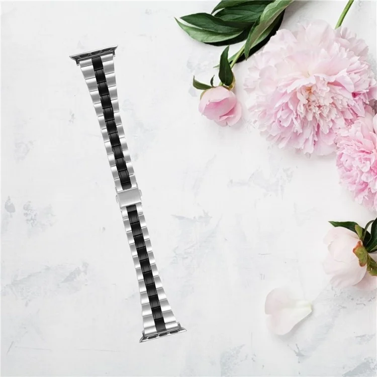 Stainless Steel Chain Replacement Three Bead Buckle Watchband for Apple Watch Series 10 46mm / Ultra 2 Ultra 49mm / 9 8 7 45mm / SE (2023) SE (2022) SE 6 5 4 44mm / 3 2 1 42mm - Black