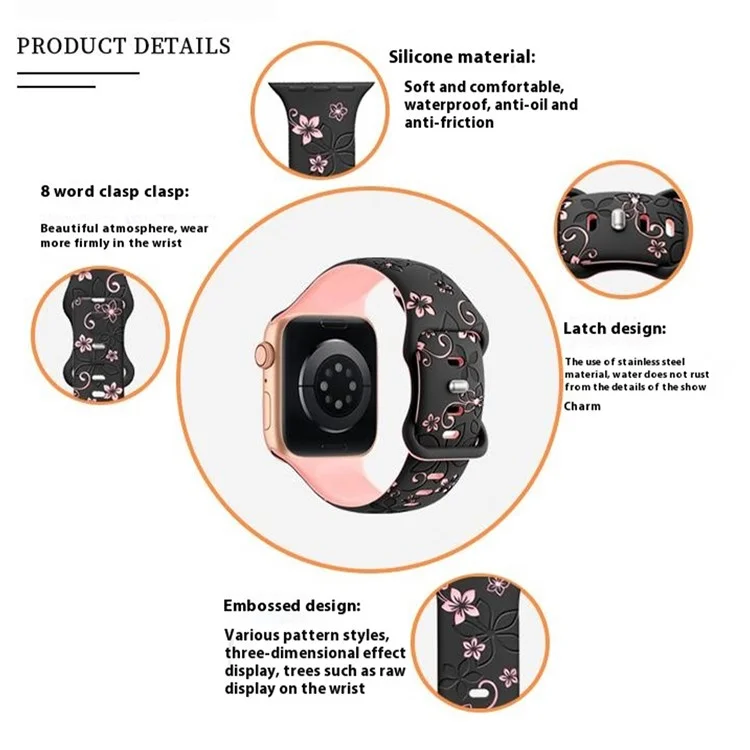 Für Apple Watch 10 42mm / 9 8 7 41mm / SE (2023) SE (2022) SE 6 5 4 40mm / 3 2 1 38mm Silikon-Blumenmuster-Band - Schwarz / Rosa