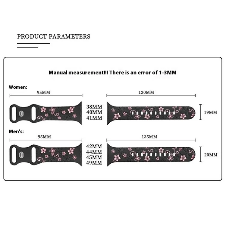 Für Apple Watch 10 42mm / 9 8 7 41mm / SE (2023) SE (2022) SE 6 5 4 40mm / 3 2 1 38mm Silikon-Blumenmuster-Band - Schwarz / Rosa