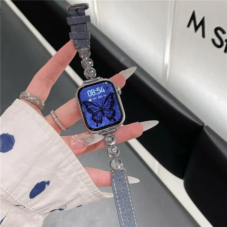 For Xiaomi Smart Band 9 / 9 NFC / 8 / 8 NFC Denim Watch Band Metal Button Replacement Strap - Silver  /  Denim Blue