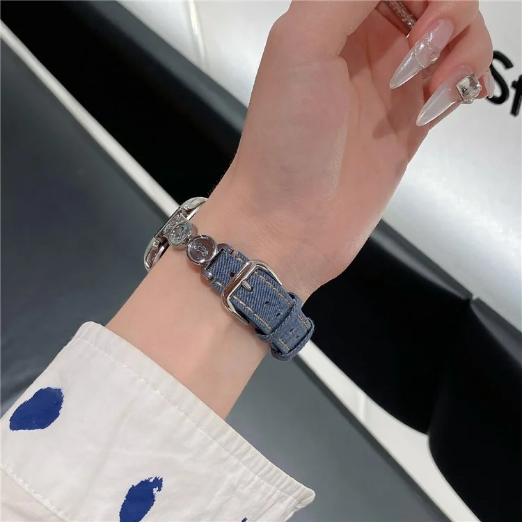 For Xiaomi Smart Band 9 / 9 NFC / 8 / 8 NFC Denim Watch Band Metal Button Replacement Strap - Silver  /  Denim Blue