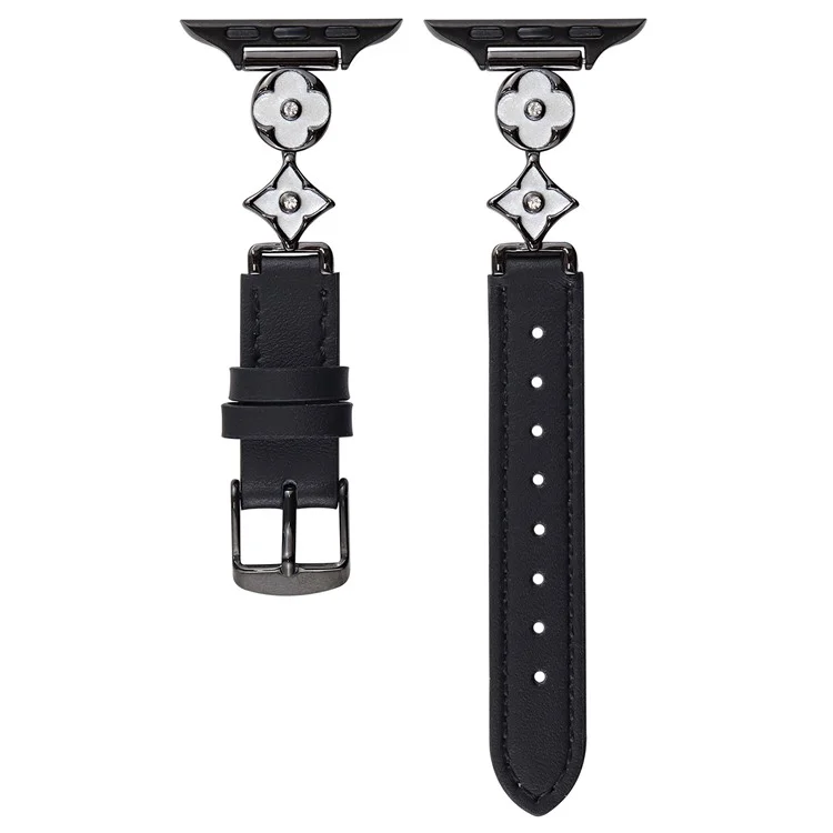 Für Apple Watch 10 42mm / 9 8 7 41mm / SE (2023) SE (2022) SE 6 5 4 40mm / 3 2 1 38mm Lederarmband mit Blumenförmigen Verbindern - Schwarz / Weiß Schwarz