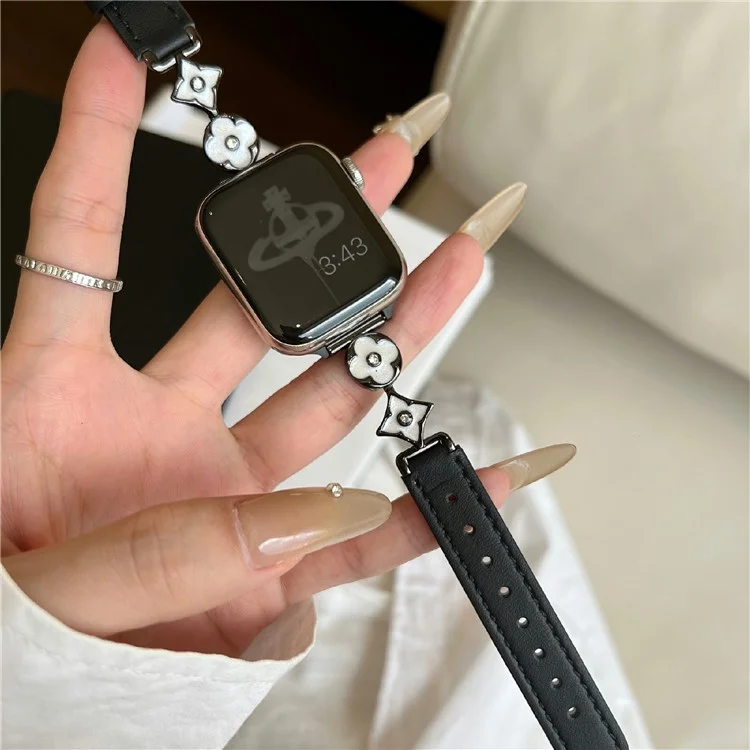 Für Apple Watch 10 42mm / 9 8 7 41mm / SE (2023) SE (2022) SE 6 5 4 40mm / 3 2 1 38mm Lederarmband mit Blumenförmigen Verbindern - Schwarz / Weiß Schwarz