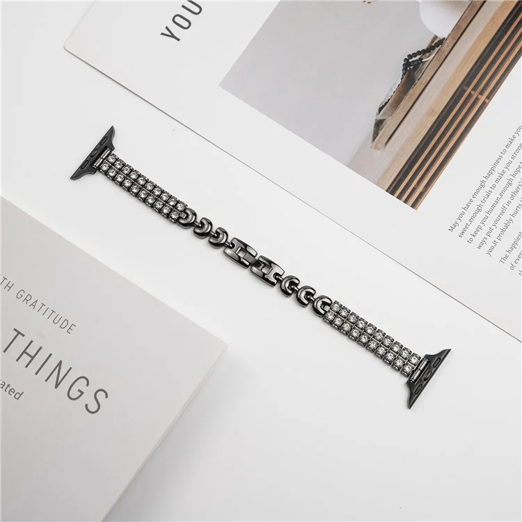 For Apple Watch Series 10 42mm / 9 8 7 41mm / SE (2023) SE (2022) SE 6 5 4 40mm / 3 2 1 38mm Double Row Rhinestones Metal Watch Strap - Black