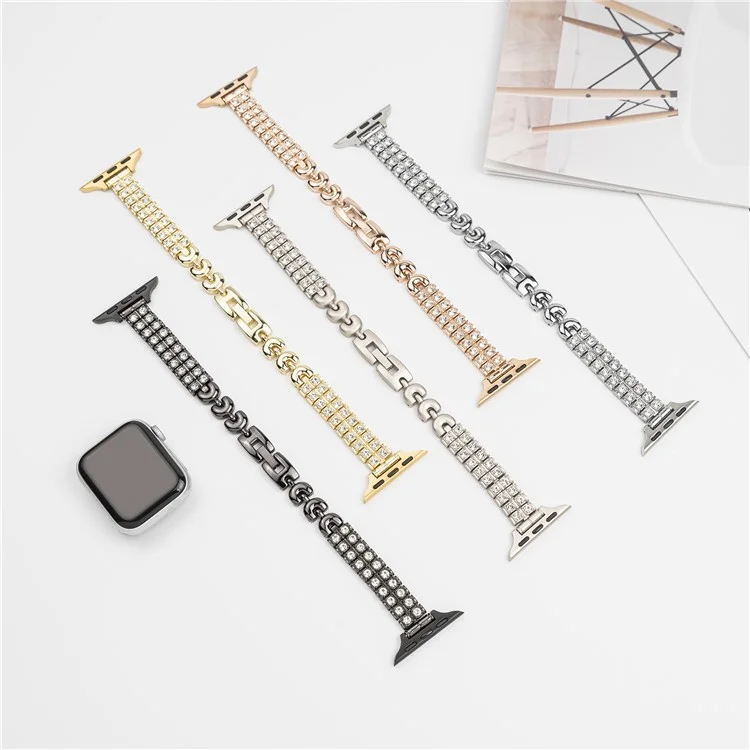 Para Apple Watch 10 46mm / Ultra 2 / Ultra 49mm / 9 8 7 45mm / SE (2023) SE (2022) SE 6 5 4 44mm / 3 2 1 42mm Rhinestones Metal Watch Strap - Black