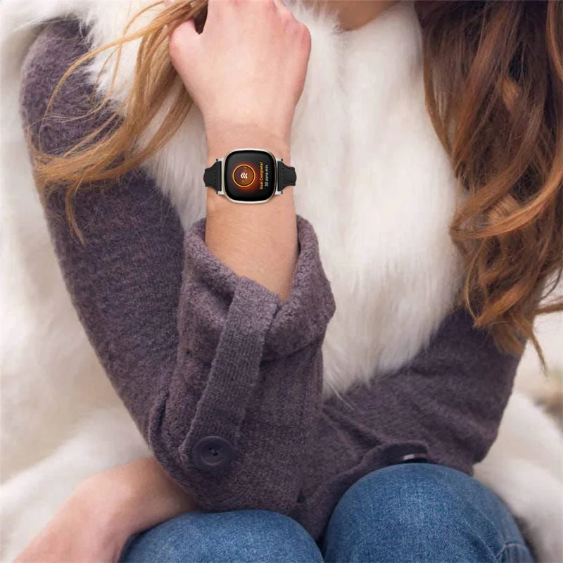 Genuine Leathe Smart Watch Strap Replacement Band for Fitbit Versa 3 / Fitbit Sense - Black