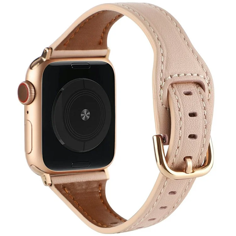 Für Apple Watch Series 10 42mm / 9 8 7 41mm / SE (2023) SE (2022) SE 6 5 4 40mm / 3 2 1 38mm Echtes Rindslederband - Rosa+Rosengold Schnalle