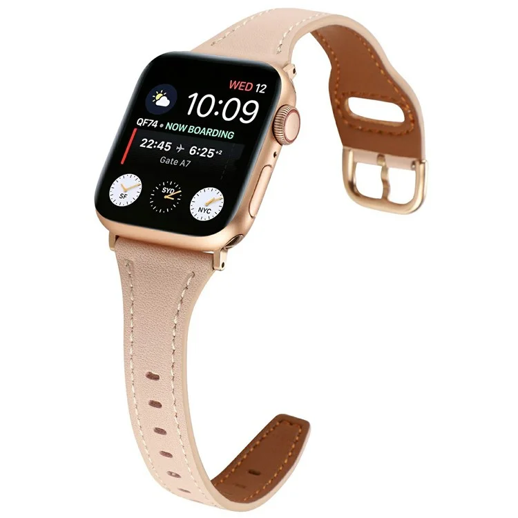Für Apple Watch Series 10 42mm / 9 8 7 41mm / SE (2023) SE (2022) SE 6 5 4 40mm / 3 2 1 38mm Echtes Rindslederband - Rosa+Rosengold Schnalle