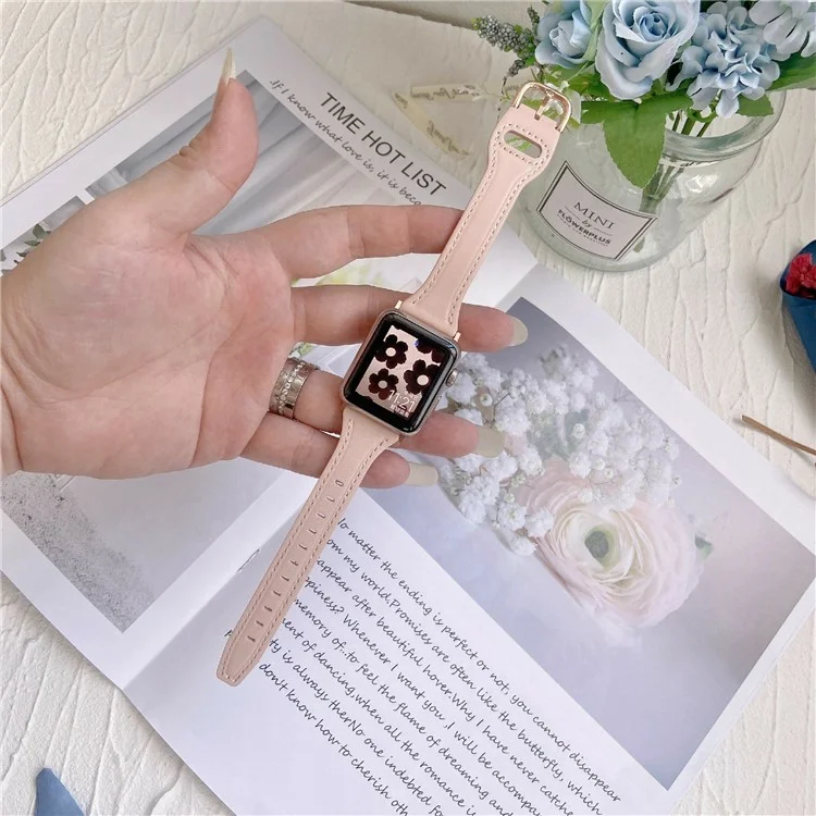 Für Apple Watch Series 10 42mm / 9 8 7 41mm / SE (2023) SE (2022) SE 6 5 4 40mm / 3 2 1 38mm Echtes Rindslederband - Rosa+Rosengold Schnalle