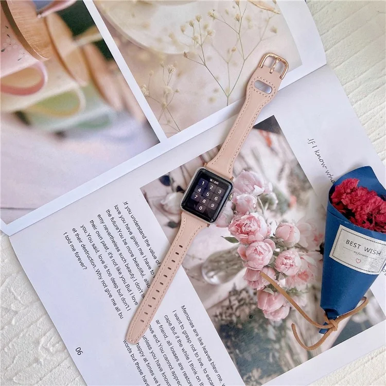 Für Apple Watch Series 10 42mm / 9 8 7 41mm / SE (2023) SE (2022) SE 6 5 4 40mm / 3 2 1 38mm Echtes Rindslederband - Rosa+Rosengold Schnalle