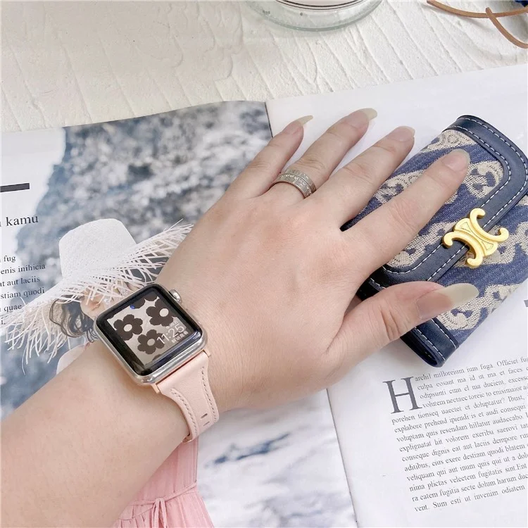 Für Apple Watch Series 10 42mm / 9 8 7 41mm / SE (2023) SE (2022) SE 6 5 4 40mm / 3 2 1 38mm Echtes Rindslederband - Rosa+Rosengold Schnalle