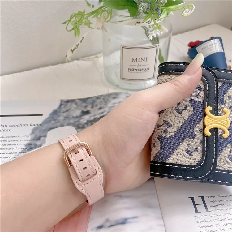 Für Apple Watch Series 10 42mm / 9 8 7 41mm / SE (2023) SE (2022) SE 6 5 4 40mm / 3 2 1 38mm Echtes Rindslederband - Rosa+Rosengold Schnalle