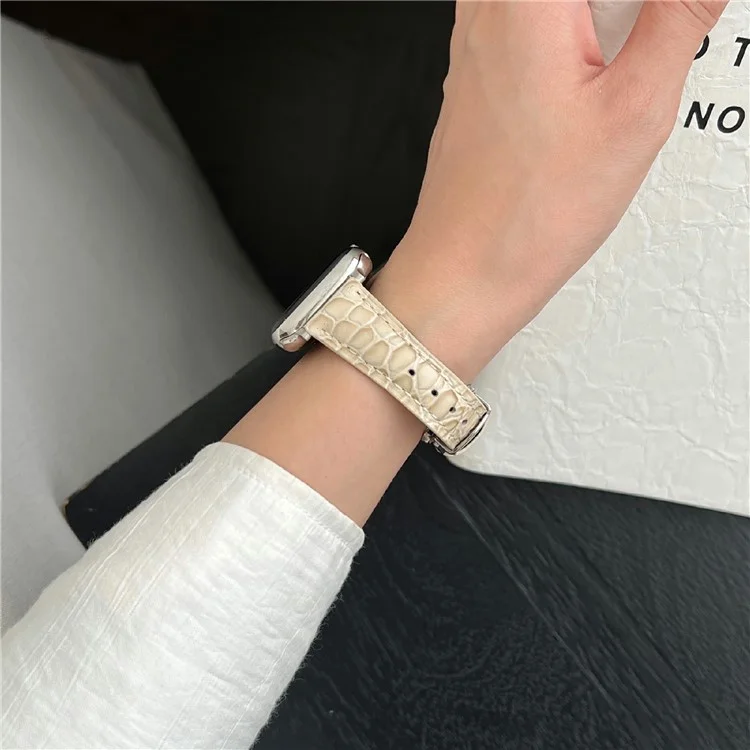 pour la série apple watch 10 42mm / 9 8 7 41 mm / se (2023) se (2022) se 6 5 4 40 mm / 3 2 1 strape de textre crocodile 38mm - beige + boucle argentée