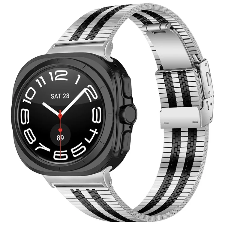 Para Samsung Galaxy Watch Ultra 47mm Correa del Reloj Acero Inoxidable 5-Bolas Muñeca Correa - Plata+Negro