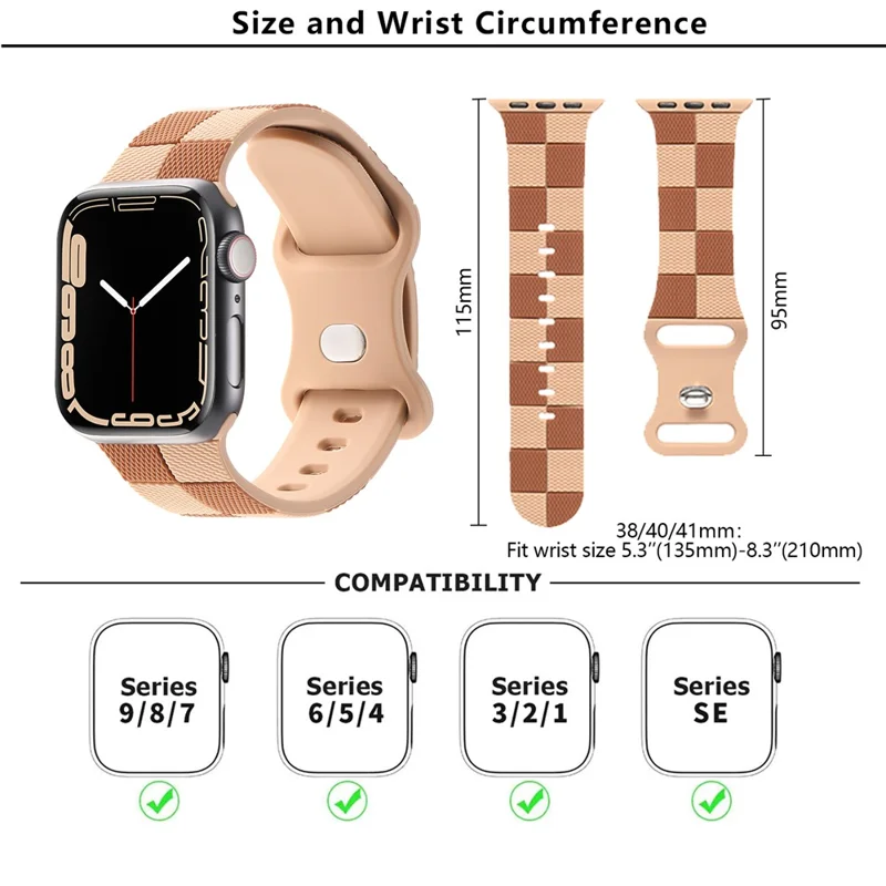 KALEBOL Silicone Strap for Apple Watch Series 11 10 42mm / 9 8 7 41mm / SE3 SE2 SE 6 5 4 40mm / 3 2 1 38mm Checkerboard Watch Band  Light Brown