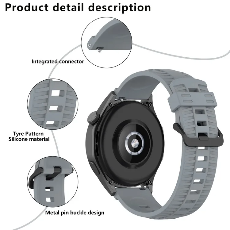 KALEBOL 20mm Watch Strap for Huawei Watch GT 3 42mm / GT 3 Pro 43mm Tire Texture Silicone Wrist Band - Grey