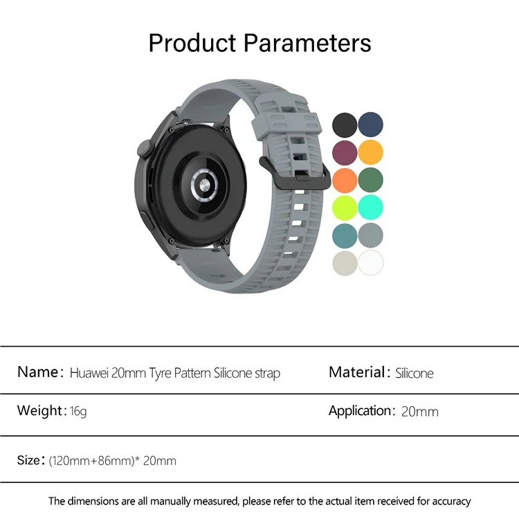 KALEBOL 20mm Watch Strap for Huawei Watch GT 3 42mm / GT 3 Pro 43mm Tire Texture Silicone Wrist Band - Grey