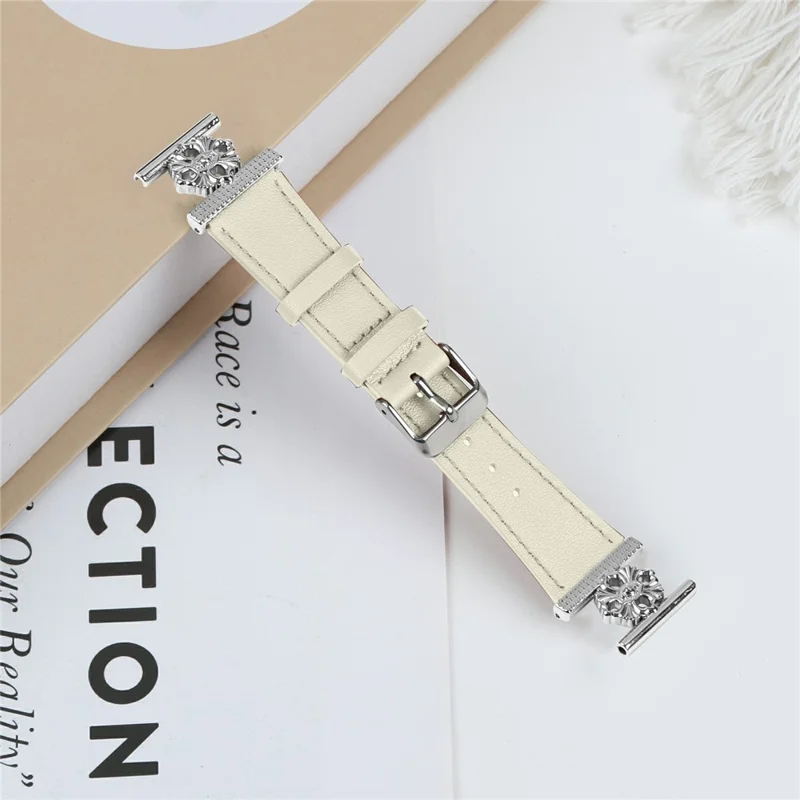 For Honor Watch ES Watch Band Genuine Cow Leather Flower Decor Adjustable Strap - White